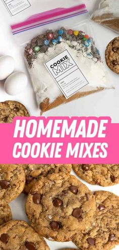 homemade cookie mixes with chocolate chip cookies in the background and text overlay that reads homemade cookie mixes