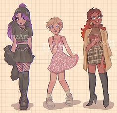 three cartoon girls standing next to each other