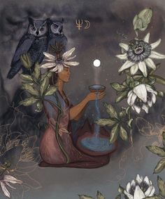 an image of a woman with flowers and owls