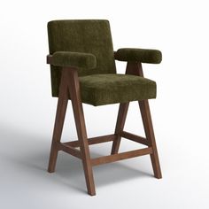 a green upholstered bar stool with arms and footrests, viewed from the front