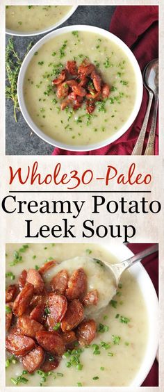 two bowls filled with creamy potato leek soup