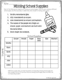 the missing school supplies worksheet is shown in black and white, with an image of