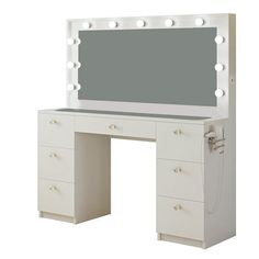 a white vanity with lights on it