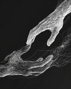 two hands reaching for each other with lines in the air above them and black background