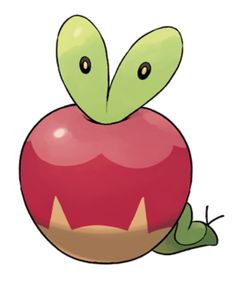 an apple with two leaves on top of it's head and eyes, sitting in front of a white background