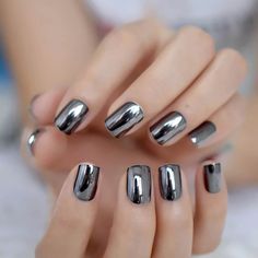 glue Nails Square Short, Nails Marble, Valentine Nails, Mirror Metal, French Acrylic Nails, Nails Square, Fake Nails With Glue, Metallic Nails