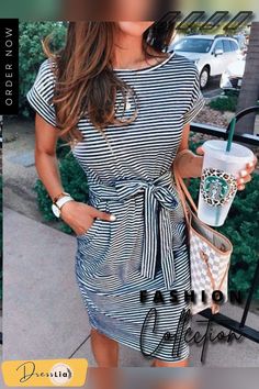 Short Sleeve Round Neck Waist Striped Dress Women's Dress Knee-length Tie Waist Dress For Day Out, Trendy Striped Short Sleeve Dress, Striped Belted Dress For Spring, Striped Knee-length Summer Dress, Casual Knee-length Bodycon Dress For Day Out, Casual Mini Dress With Belt For Day Out, Spring Striped Belted Dress, Casual Striped Midi Dress For Fall, Casual Striped Knee-length Midi Dress