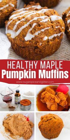 healthy maple pumpkin muffins with white icing and cinnamon on the top, surrounded by ingredients