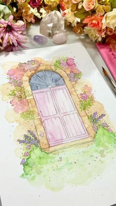 a drawing of a pink door with flowers in the background