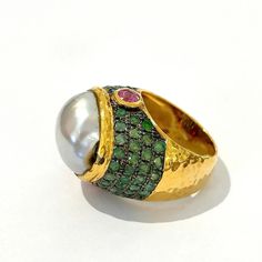 Bochic “Orient” Tahiti Pearl & Multi Gem Ring Set in 18k Gold & Silver, Size Us 7 Resizable | Chairish Luxury Handmade Emerald Ring For Formal Occasions, Handmade Luxury Emerald Ring For Formal Occasions, Handmade Luxury Emerald Ring, Multi Gem Ring, Tahiti Pearl, Pearl Gray, Gold Cocktail Ring, Gold Cocktail, Gem Ring