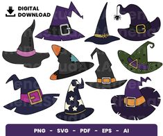 witch hat cliparts with different colors and sizes