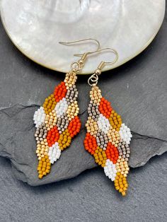 Orange Beaded Earrings With Gold Round Beads, Orange Handwoven Beaded Earrings, Long Beaded Earrings, Bead Dangle Earrings, Beaded Dangle Earrings, Seed Bead Earrings, Earrings Boho, Bead Earrings, Trendy Jewelry