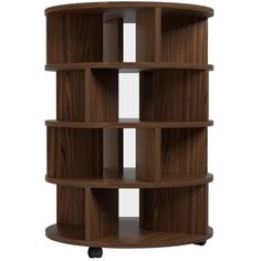 a round wooden shelf with four shelves on each side and three wheels in the middle