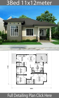 two story house plan with 3 beds and 1 bathrooms in the front, one bedroom on the