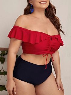 Ruffled Off-shoulder Tie Two-piece Bikini Swimsuit Shopvhs.com Swimsuit Sale, Swimsuits Hot, Ruffle Swimsuit, Red Swimsuit, Womens Bathing Suits, Womens Swimwear, Two Pieces, Bathing Suits, To Play