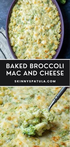 broccoli mac and cheese casserole in a blue dish with a spoon