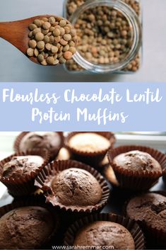 chocolate muffins are being held by a spoon with the words flossers chocolate lentil protein muffins