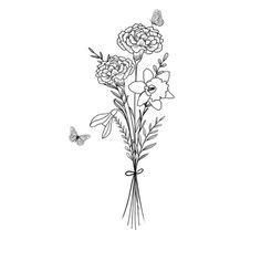 a drawing of flowers and butterflies on a white background