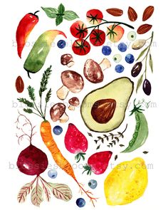 watercolor painting of vegetables and fruits