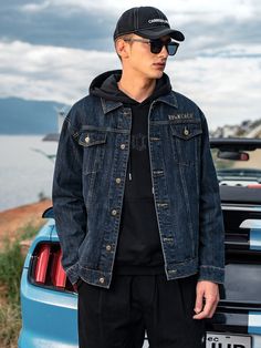 Dark Wash Casual  Long Sleeve Denim Letter Other Embellished Slight Stretch  Men Denim Dark Denim Jacket Outfit, Denim Jacket Outfit Winter, Denim Jacket Men Outfit, Denim Outfit Men, Winter Jacket Outfits, Dark Denim Jacket, Denim Jacket Outfit, Denim Jacket Fashion