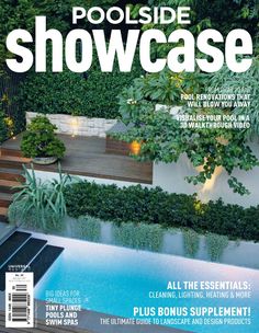 the cover of poolside showcase magazine with an above ground pool surrounded by greenery