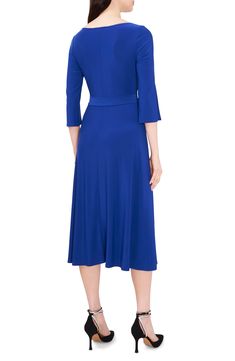 An optional tie belt accentuates the waist of a versatile midi dress framed by three-quarter sleeves and offered in bold, statement-making hues. 48" length Scoop neck Three-quarter sleeves Removable waist tie 96% polyester, 4% spandex Machine wash, tumble dry Made in the USA of imported fabric Scoop Neck Midi Dress, Blue Midi Dress, Nordstrom Dresses, Tie Belt, Three Quarter Sleeves, Quarter Sleeve, Waist Tie, Fashion Advice, Three Quarter