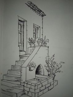 a drawing of steps leading up to a house with plants on the porch and an open door