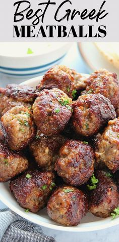 the best greek meatballs recipe on a white plate with text overlay that reads, best greek meatballs