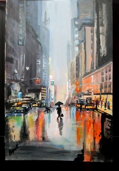 a painting of a person holding an umbrella in the rain