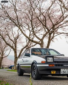 the car is parked on the side of the road in front of some cherry blossom trees