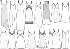 a bunch of dresses that are hanging on a clothes line, all in different shapes and sizes