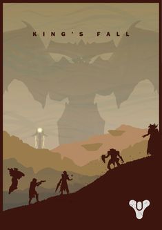 the poster for king's fall is shown with silhouettes of people and monsters