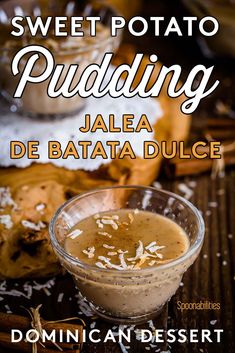 sweet potato pudding in a glass bowl on a wooden table with cinnamons and spices