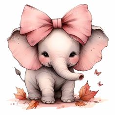 an elephant with a pink bow on its head and leaves around it's neck