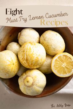 A bowl with pale yellow lemon cucumbers. In the bowl is also a halved lemon with the inner fruit showing. Lemon Cucumbers, Recipe Using Lemons, Cucumber Uses, Summer Food Party, Canning Vegetables, Lemon Cucumber, Frozen Lemon, Mini Cucumbers