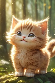 a small kitten sitting on top of a mossy rock in the forest looking up