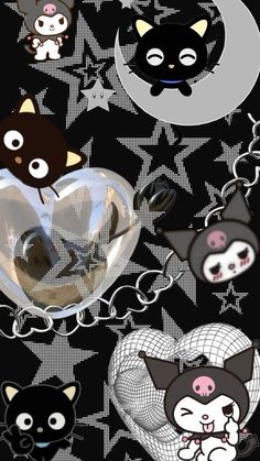 several cats are hanging from chains on a black and white background with stars, hearts, and moon shapes