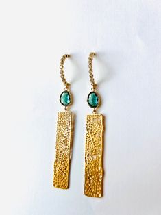 Gold Green Tourmaline Art Deco Earrings, Gold Earrings, Statement Earrings, 1920s Gatsby, CZ Arch Post, Dangle Earrings - Etsy Elegant Green Chandelier Earrings In Brass, Elegant Green Brass Chandelier Earrings, Green Fusion Style Drop Chandelier Earrings, Fusion Style Green Chandelier Drop Earrings, Elegant Handmade Green Linear Earrings, Elegant Green Brass Earrings, Green Fusion Dangle Earrings, Deco Earrings, Art Deco Earrings