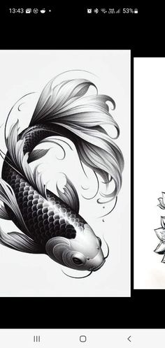 an image of a fish with flowers on it's side and another drawing of a flower in the back