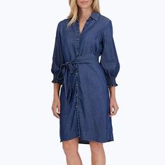 Woven Tencel Point Collar 3/4 Smocked Ruffle Cuff Sleeve Belted Button Front Shirt Dress Spring Knee-length Dress With Roll-up Sleeves, Spring Denim Dress With Button Cuffs, Spring Blue Denim Dress With Button Cuffs, Blue Denim Dress With Button Cuffs For Spring, Summer Denim Dress With Button Cuffs, Summer Casual Denim Dress With Button Cuffs, Casual Summer Denim Dress With Button Cuffs, Spring Denim Dress For Work With Button Cuffs, Spring Workwear Denim Dress With Button Cuffs