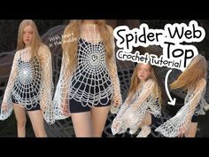 the spider web crochet top is shown in three different views, and has long hair