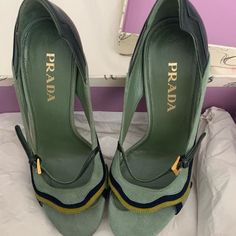 These Adorable As Good As New Heels Come In Great Condition With The Box, Two Shoe Bags, And Of Course The Shoes. Authentic Prada Heels Purchased At Barney’s. Worn Once. Prada Green, Prada Heels, New Heels, Shoes Prada, Shoe Bags, Prada Shoes, American Design, Shoes Women Heels, Designer Shoes