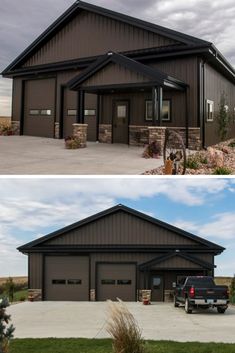 two pictures side by side of a house and one with a truck parked in front of it