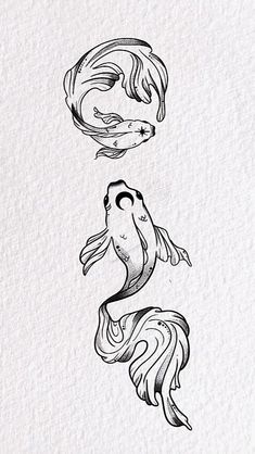 three different types of fish in black and white ink, with the letter e on it