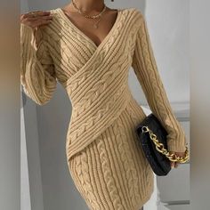 Cable Knit Dress Fitted Beige Textured Knit Sweater Dress, Beige Knit Mini Dress For Parties, Chic Knitted V-neck Sweater Dress, Chic Knee-length Knit Sweater Dress, Beige Knit Bodycon Mini Dress, Chic Knitted V-neck Dresses, Chic Fitted Textured Knit Sweater Dress, Chic Fitted Cable Knit Sweater Dress, Chic Knitted Bodycon Dress