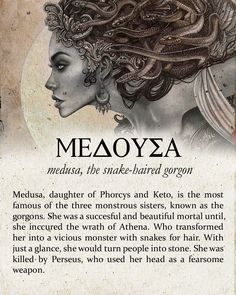 an image of a woman's face with snakes on her head and the words meaoya written below it