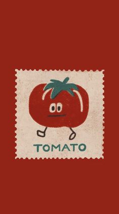 a stamp with a cartoon tomato on it's face and the words tomato written in red