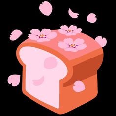 a piece of bread with pink flowers on it and hearts coming out of the top