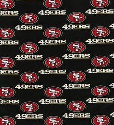 san francisco sports team logo on black cotton fabric with white and red letters that reads 40ers