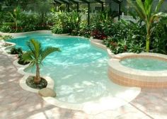 an outdoor swimming pool surrounded by trees and plants